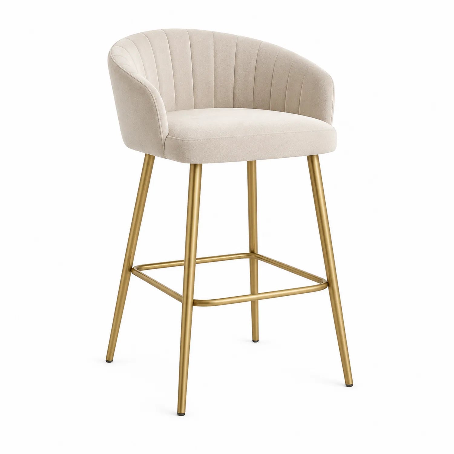 Taburete de tela beige con patas doradas
