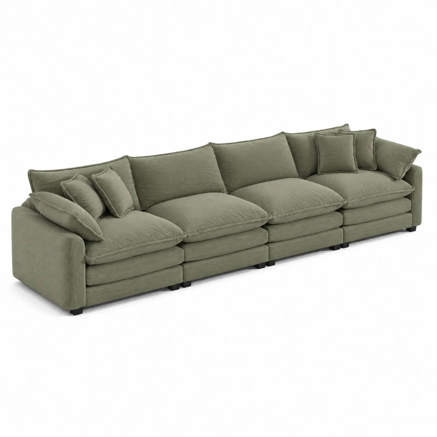 Sofá modular de pana verde con cojines