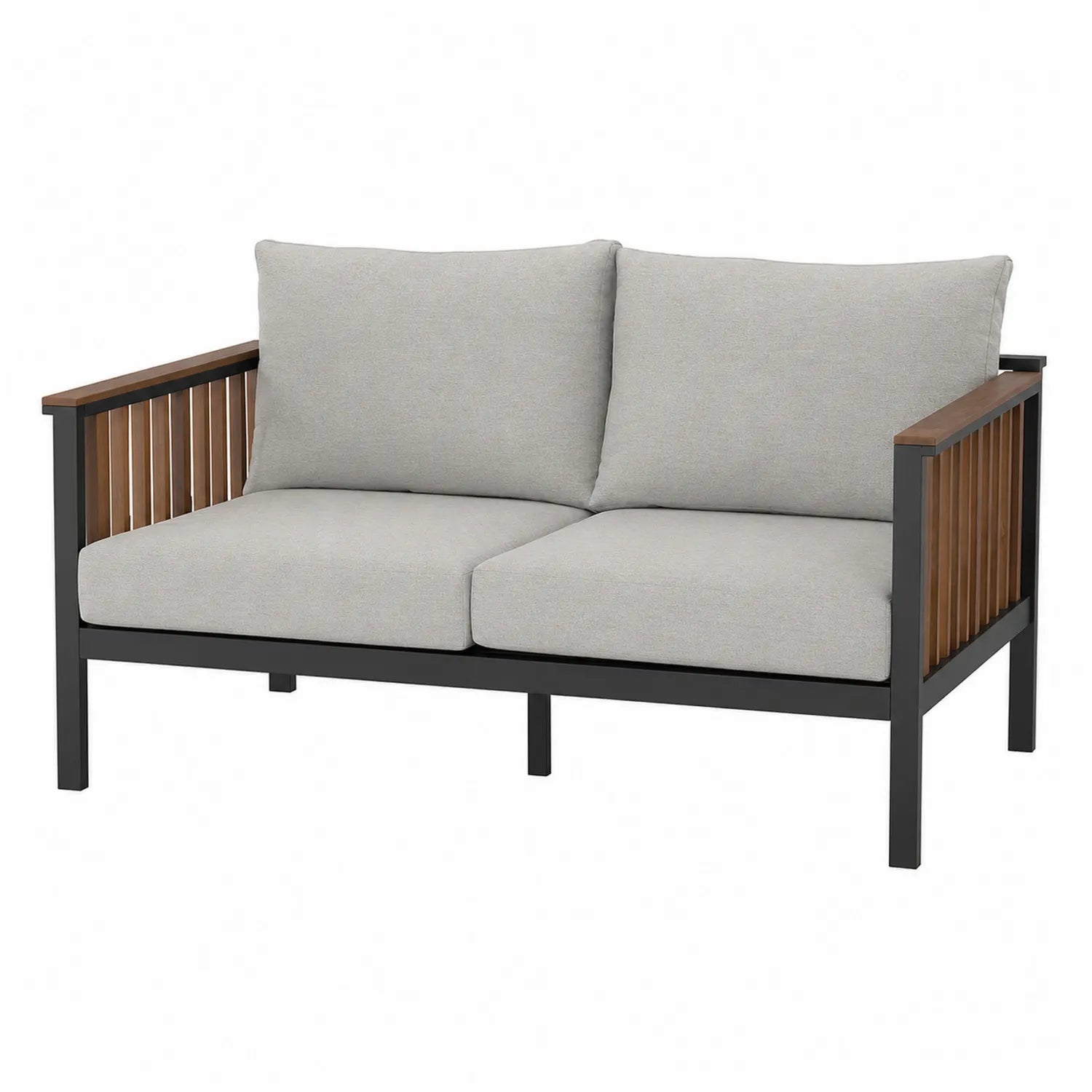 Sofá de Exterior de Aluminio y Madera con Cojines Grises 140cm
