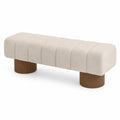 Banco tapizado en lino beige con patas de madera, 140x40x45 cm