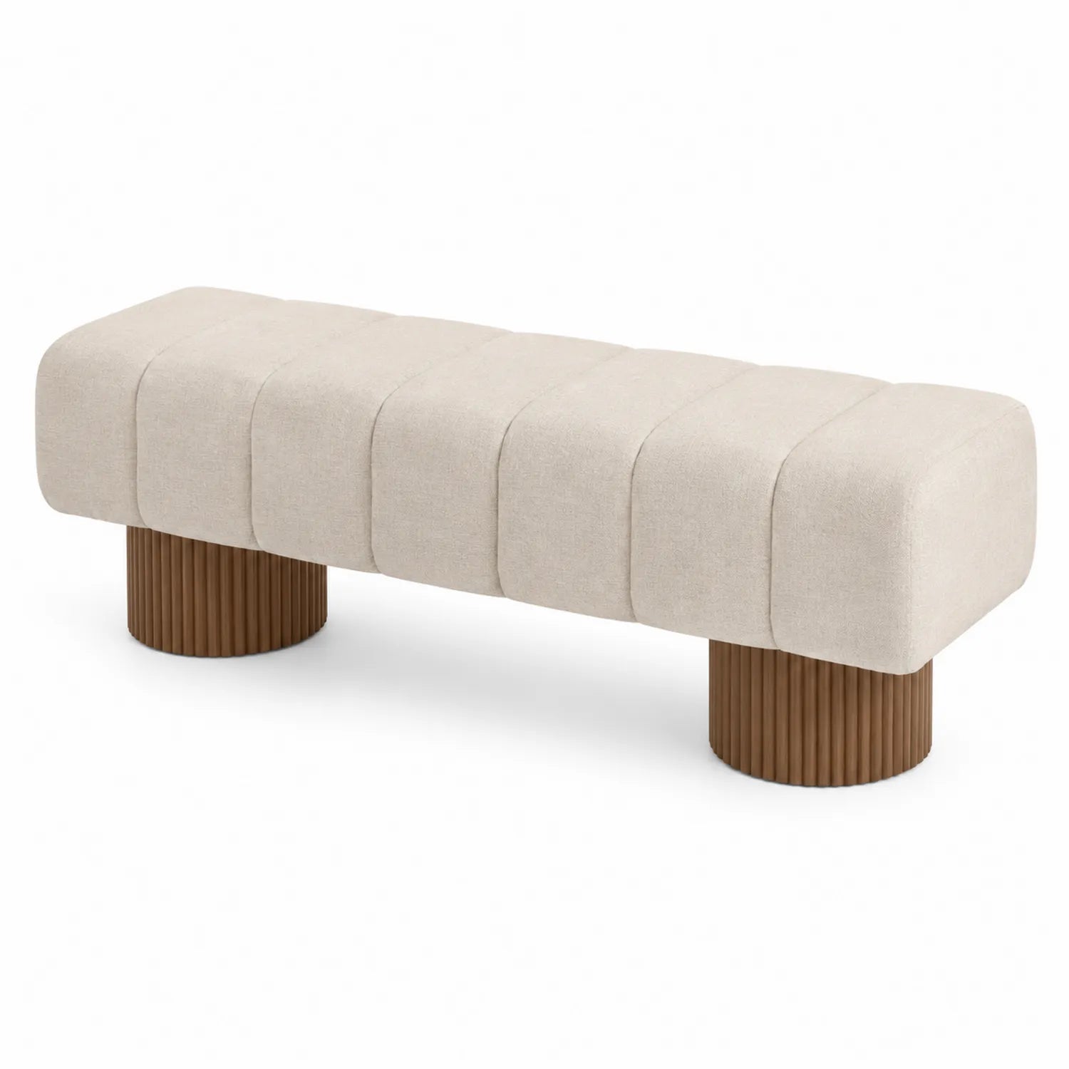 Banco tapizado en lino beige con patas de madera, 140x40x45 cm