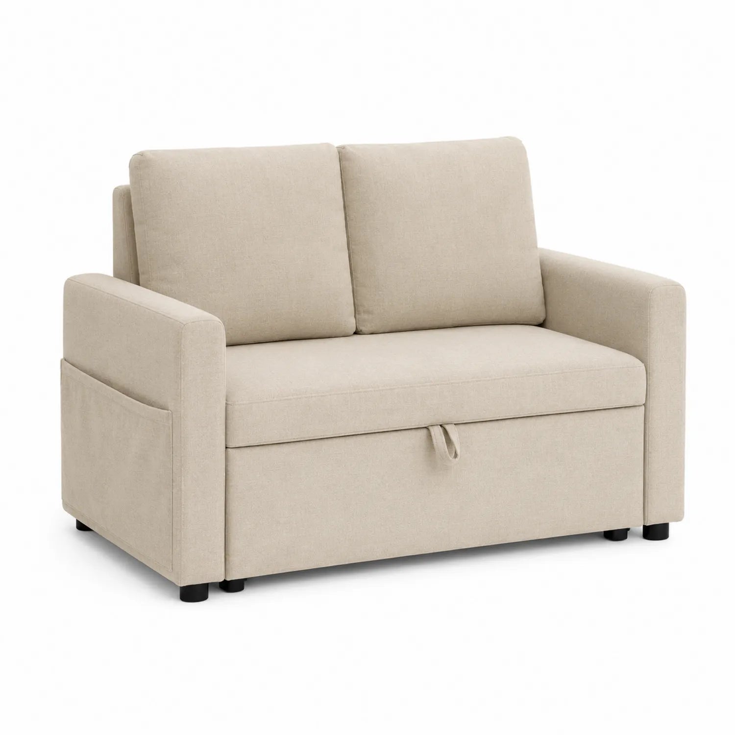 Sofá cama de lino beige con almacenamiento, 2 plazas, 150x90x85 cm