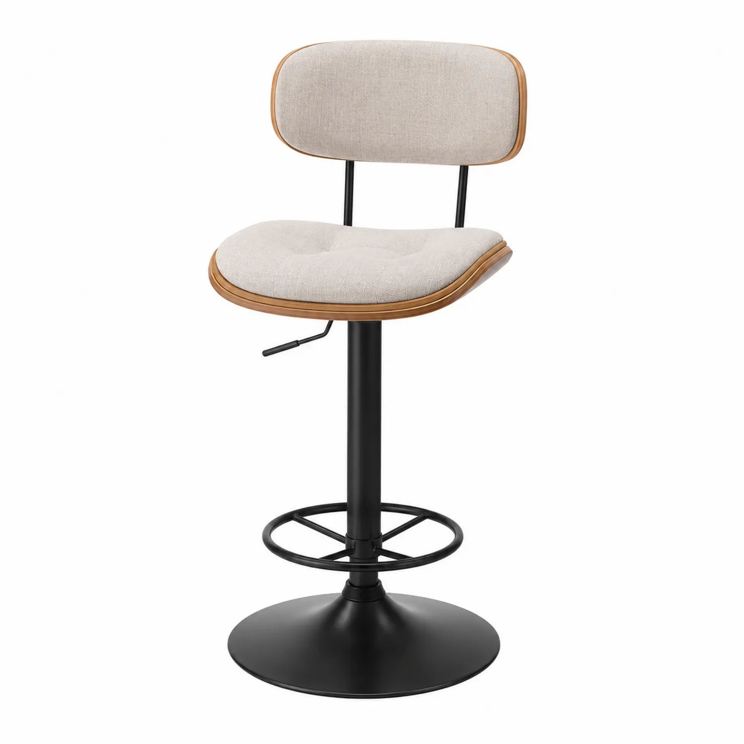 Taburete de barra ajustable de tela beige con respaldo de madera y base de metal