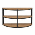 Mesa consola semicircular de madera y metal con estantes