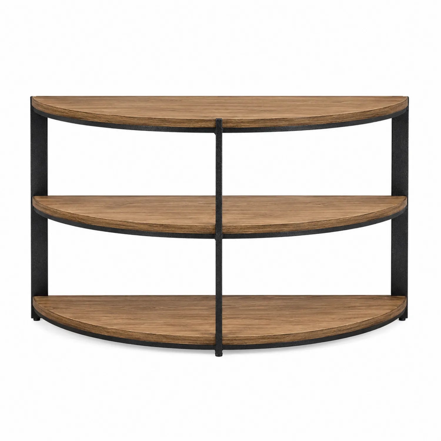 Mesa consola semicircular de madera y metal con estantes