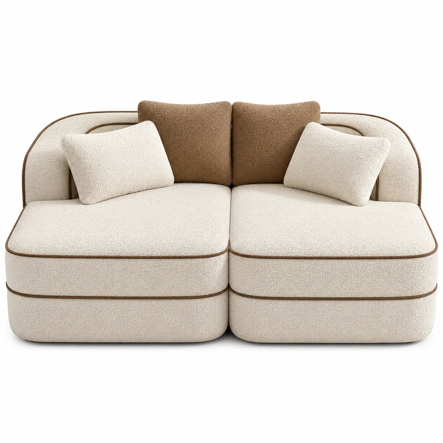 Sofá Modular Blanco y Marrón con Cojines Bouclé 220 cm
