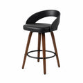 Taburete de bar giratorio de PU negro con patas de madera