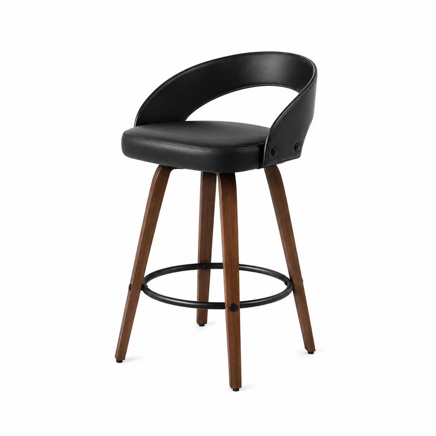 Taburete de bar giratorio de PU negro con patas de madera