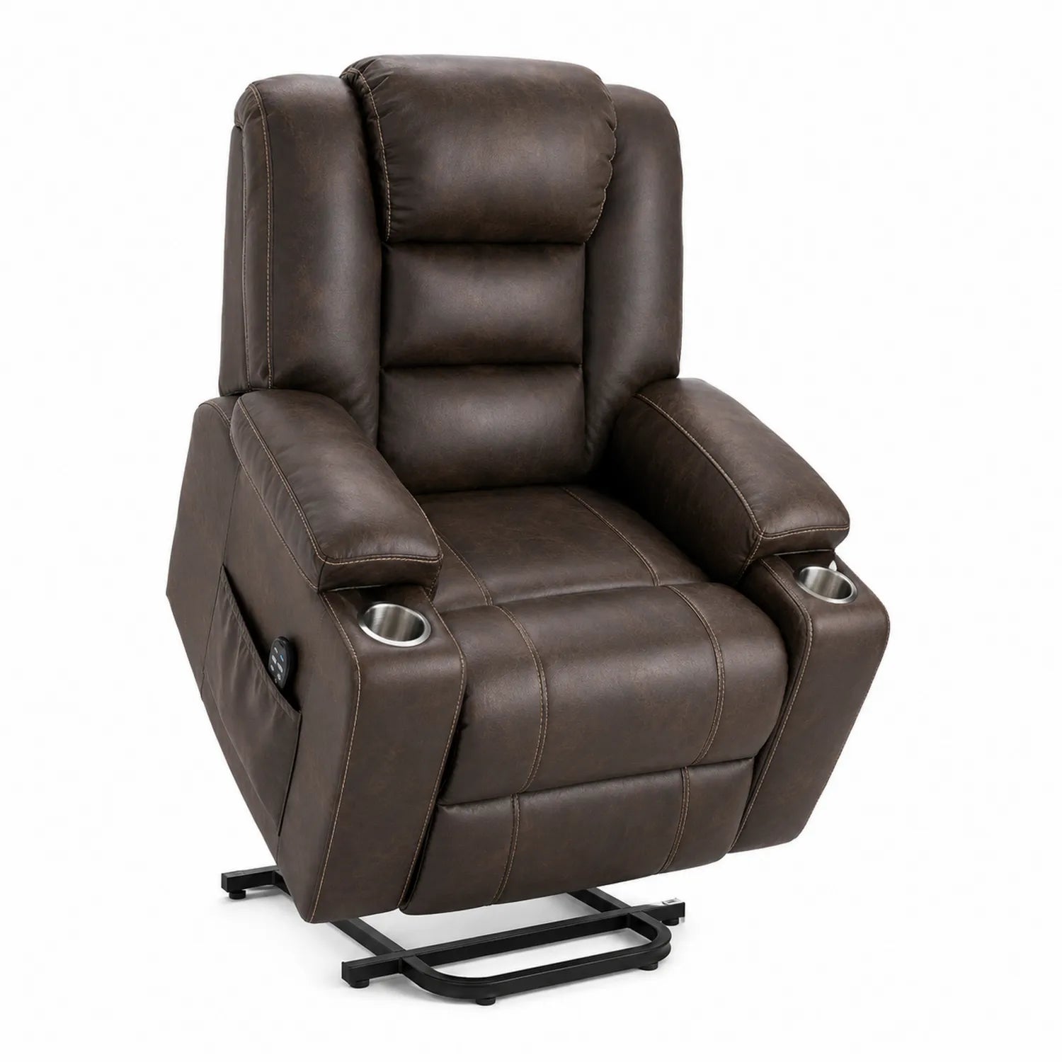 Sillón Reclinable de Cuero Sintético Marrón con Soporte para Vasos
