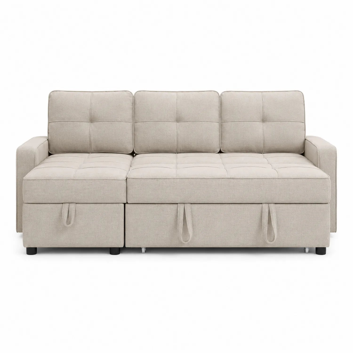Sofá cama de tela beige con almacenamiento 200x150x90 cm