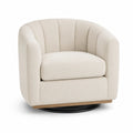 Sillón giratorio de tela beige con base de madera