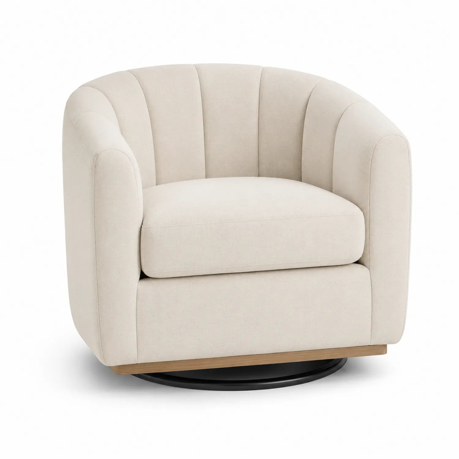 Sillón giratorio de tela beige con base de madera