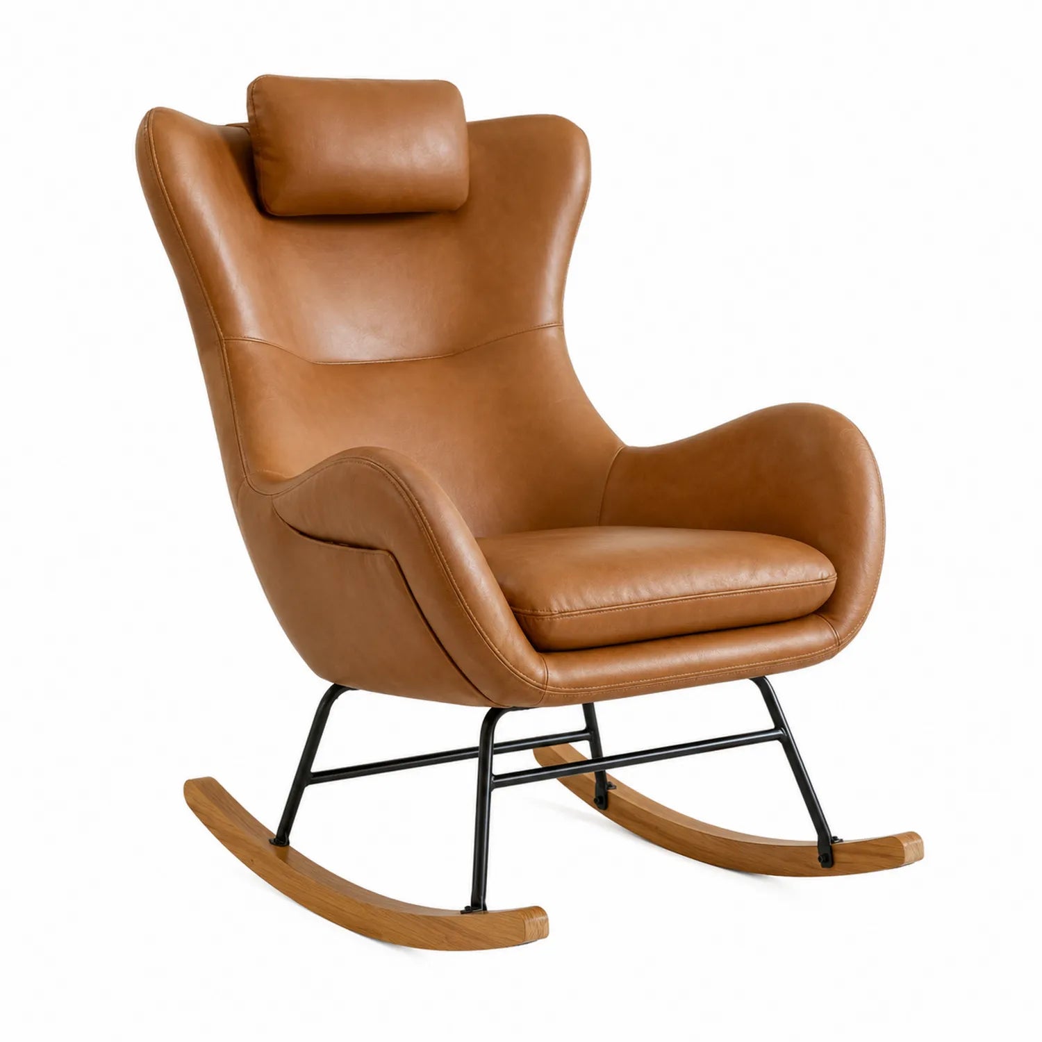 Silla mecedora de piel sintética con estructura de acero y base de madera