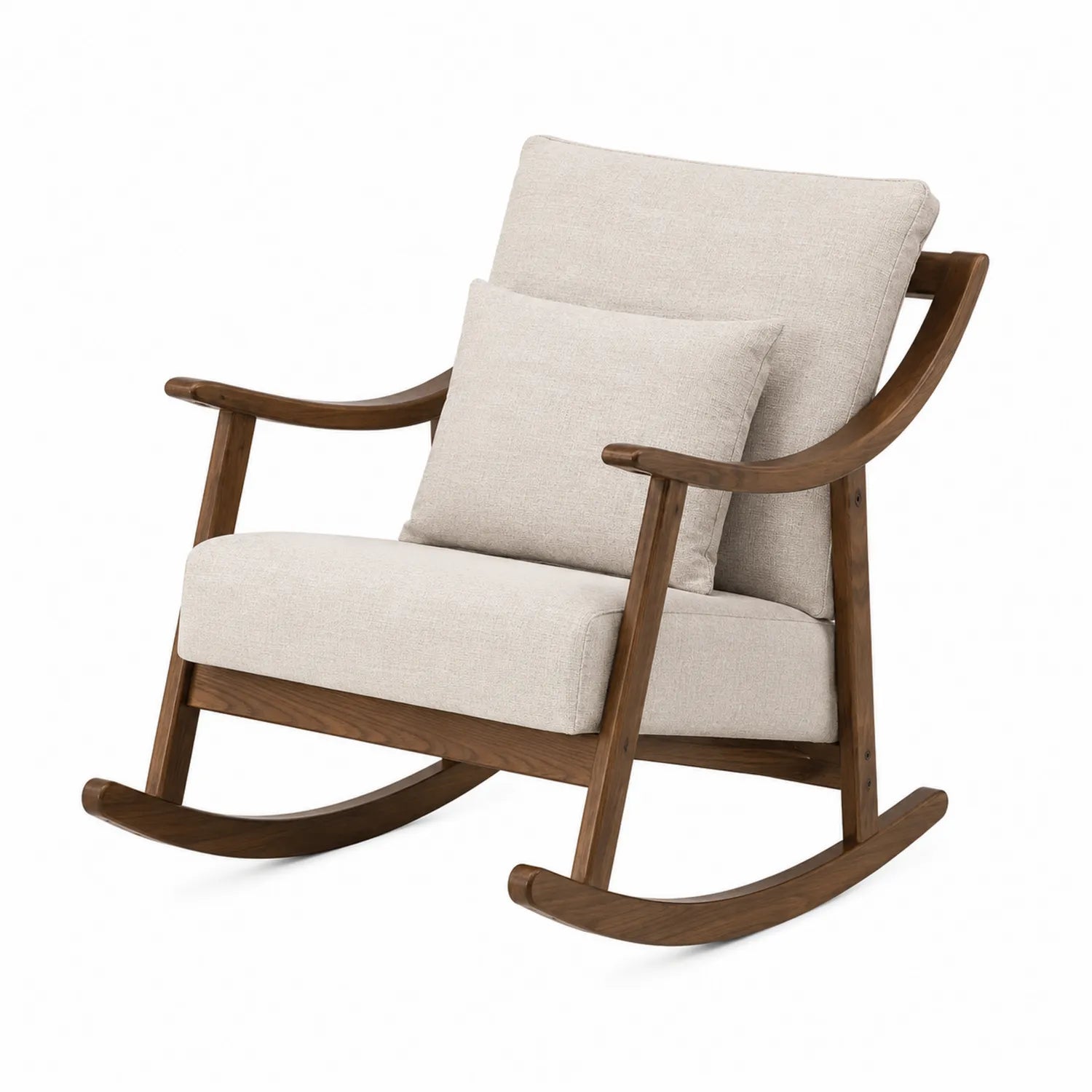 Silla mecedora de madera con cojines de tela beige
