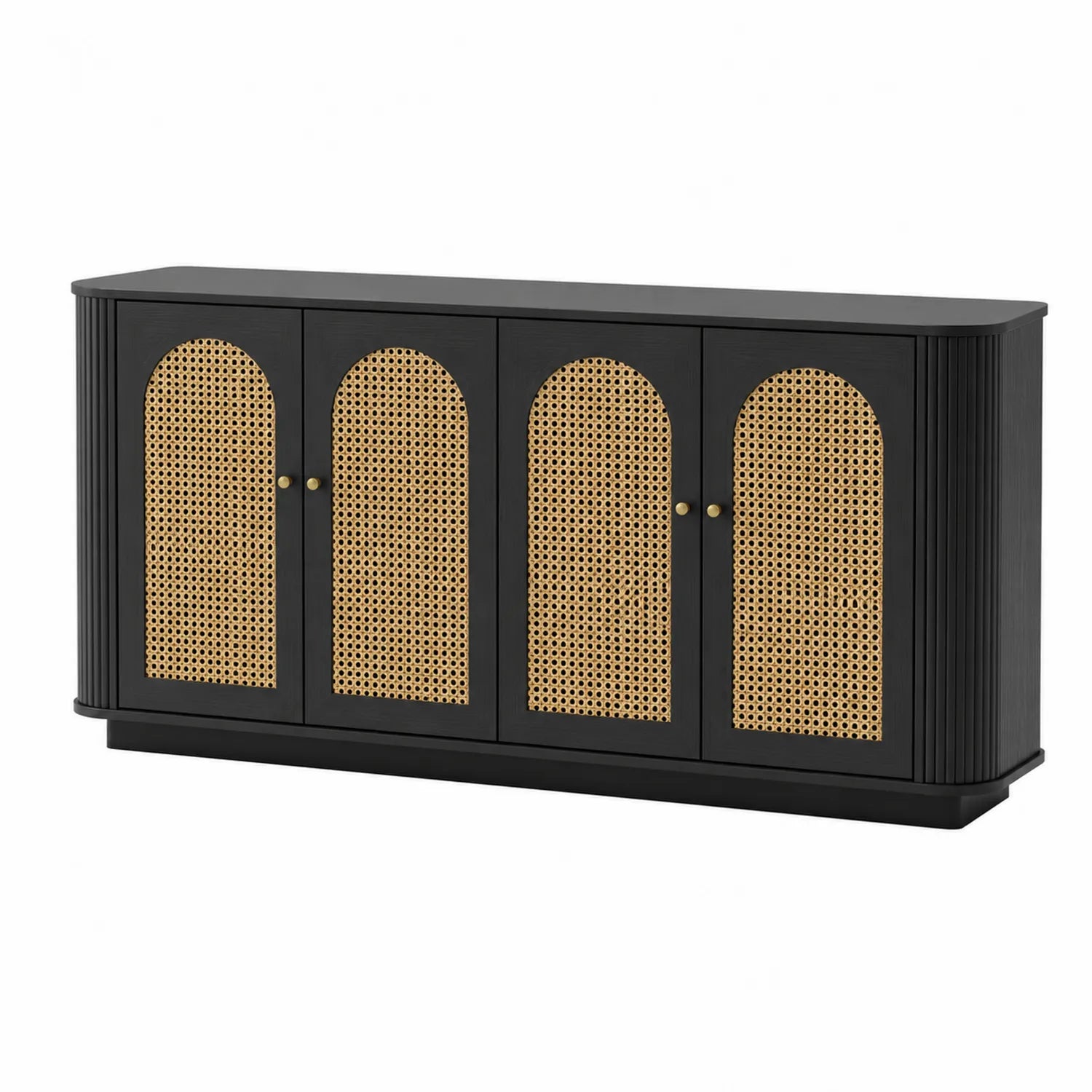 Aparador de Madera con Puertas de Ratán Trenzado Negro 160x40x80 cm