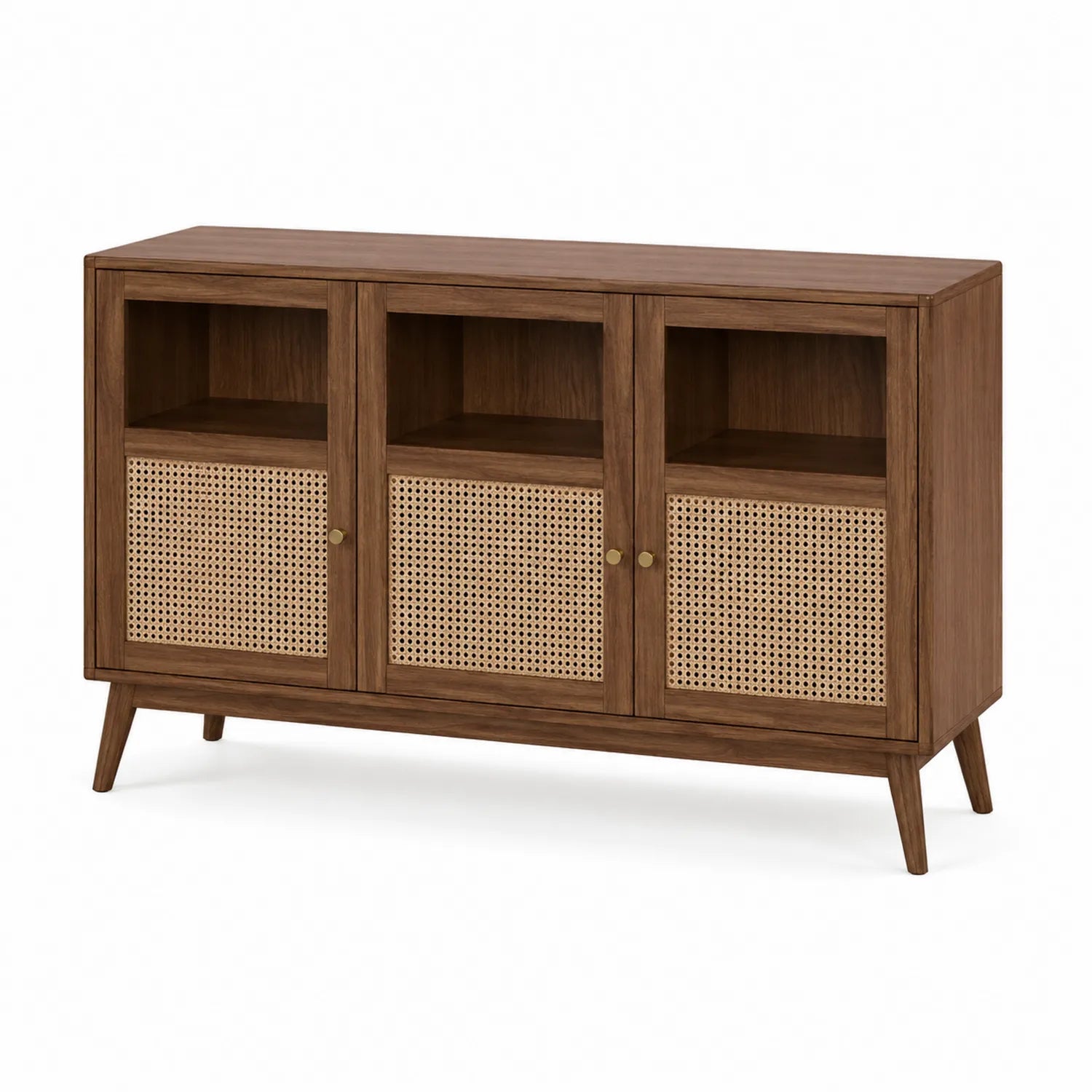 Aparador de madera y ratán natural con 3 puertas 120x40x85 cm