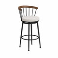 Taburete de metal con respaldo de madera y asiento de tela beige