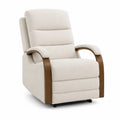 Sillón reclinable de tela beige con apoyabrazos de madera