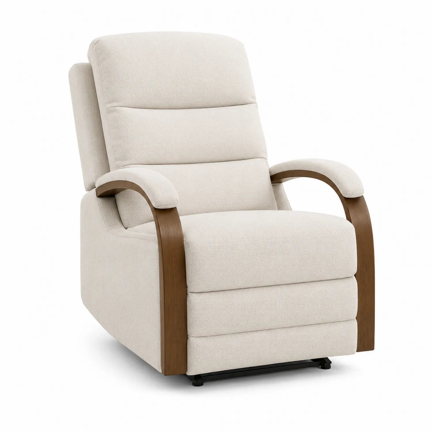 Sillón reclinable de tela beige con apoyabrazos de madera