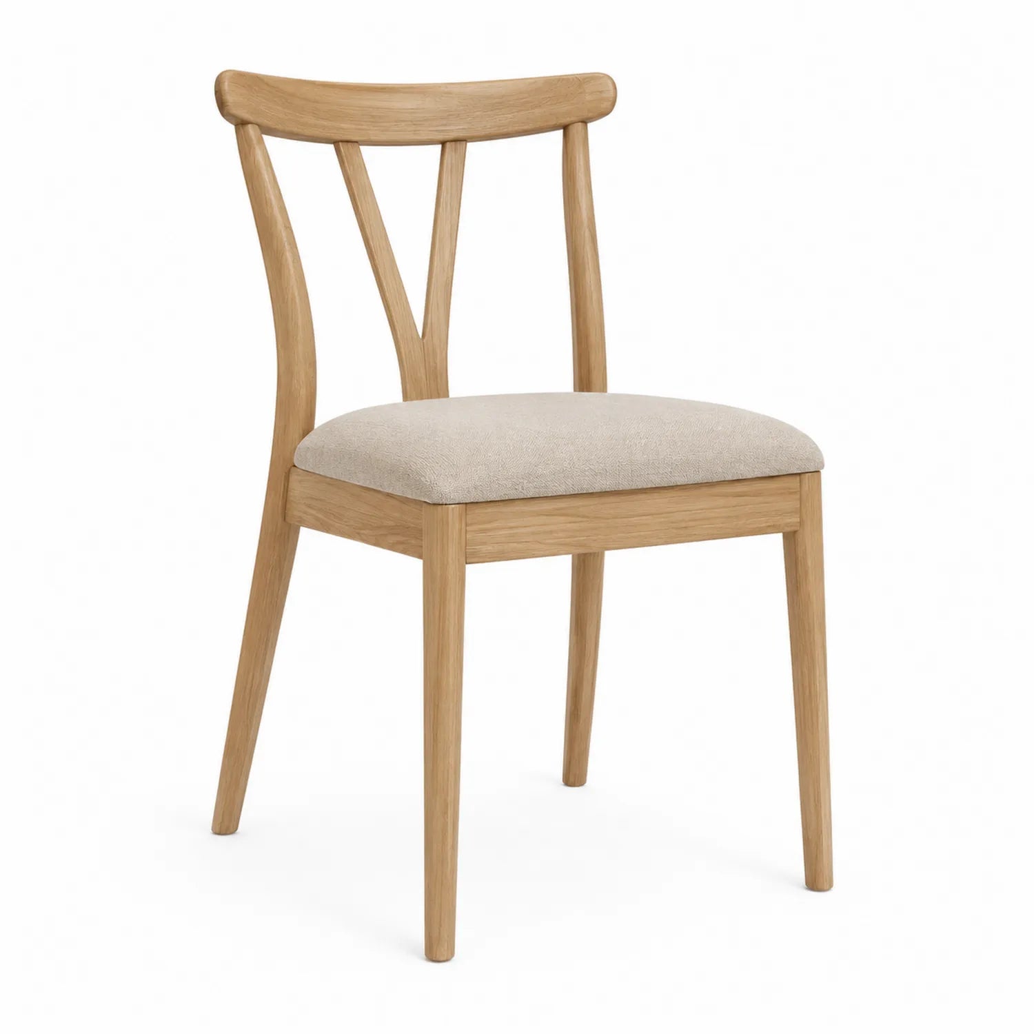 Silla de roble y tela beige, altura 85 cm