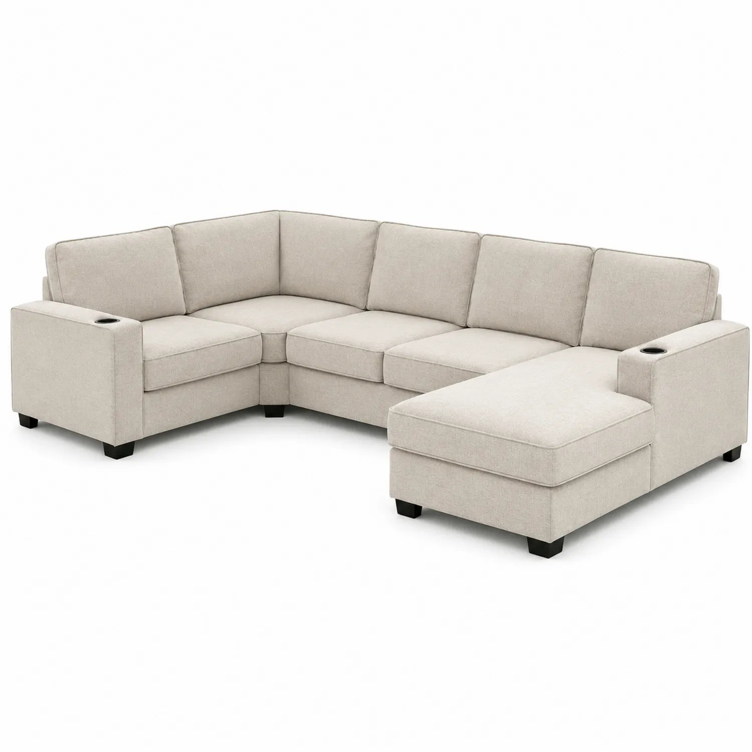 Sofá Seccional en Forma de L de Tela Beige con Reposabrazos Integrados