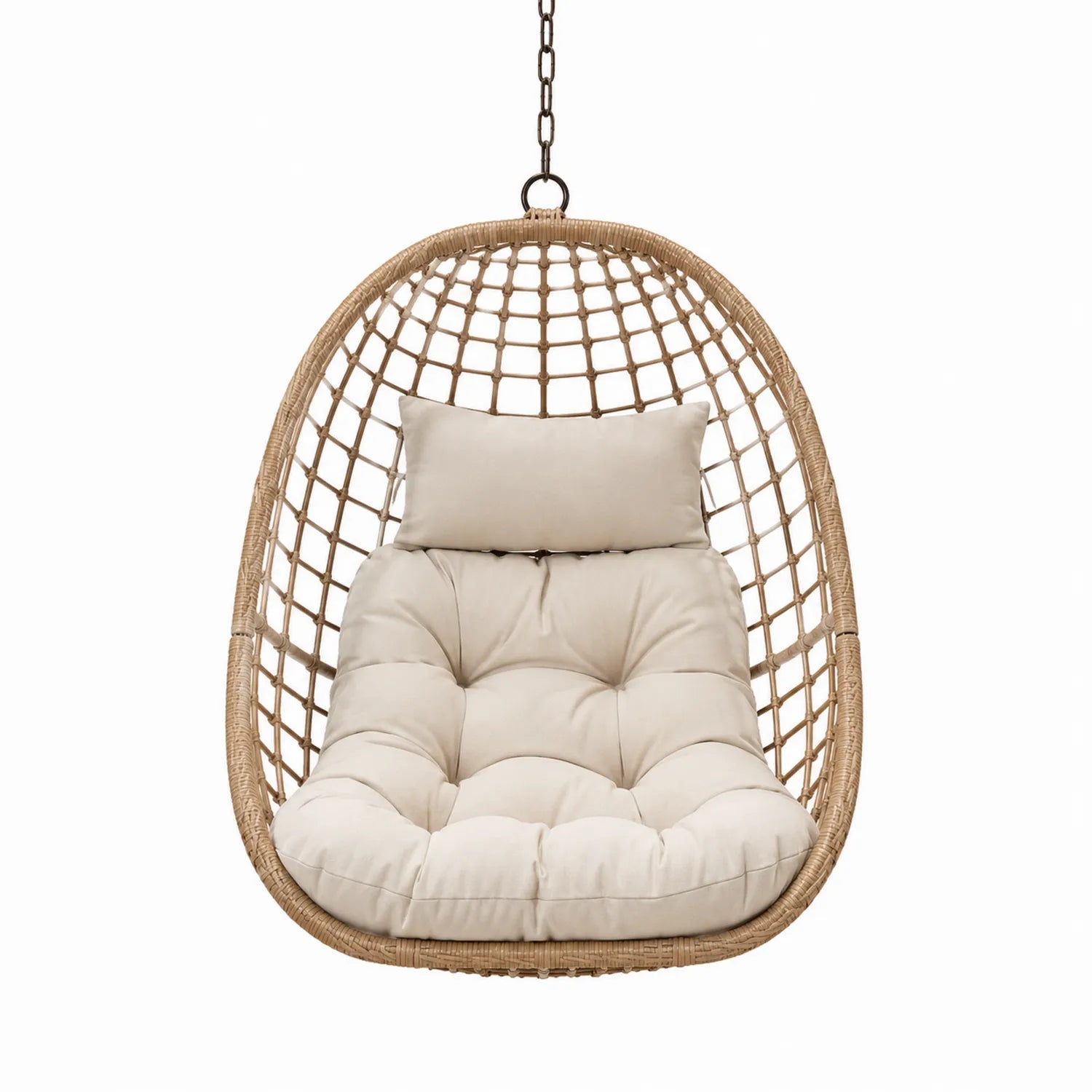 Silla colgante de ratán para exteriores con cojín beige