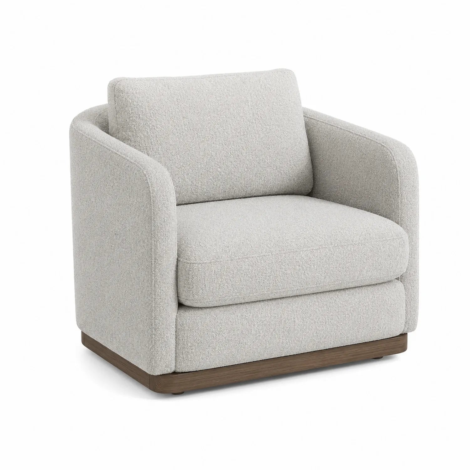 Sillón de bouclé beige con base de madera