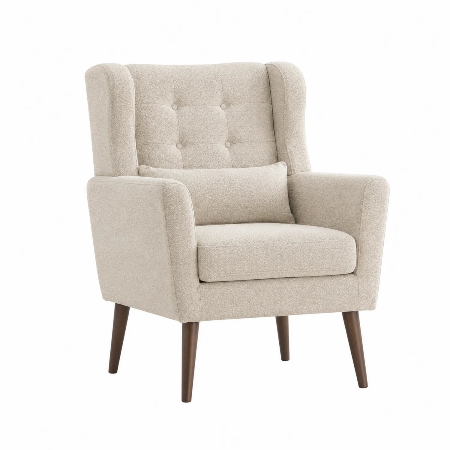 Sillón tapizado de poliéster beige con patas de madera de haya