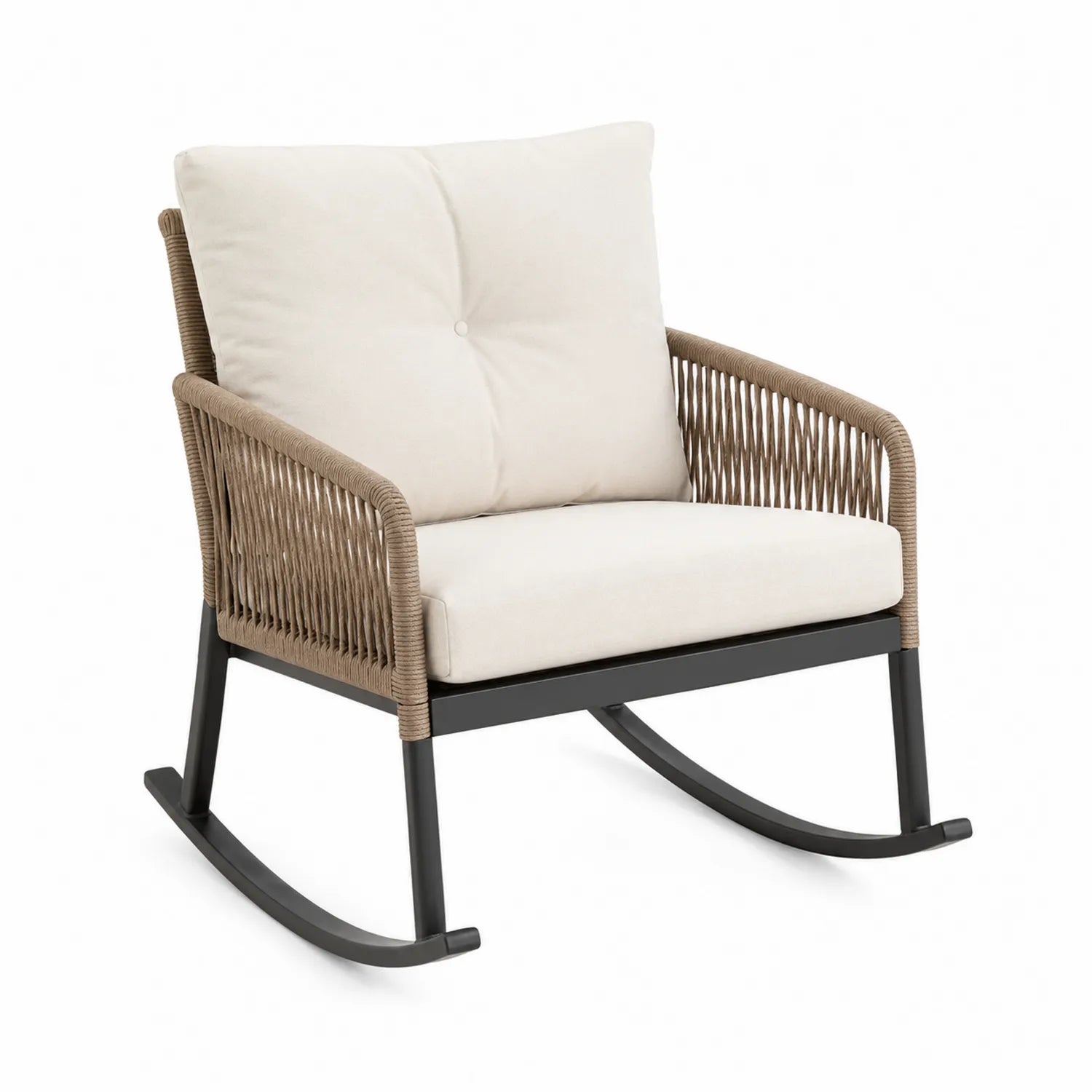 Silla mecedora de aluminio y cuerda poliéster beige 80x75x90 cm
