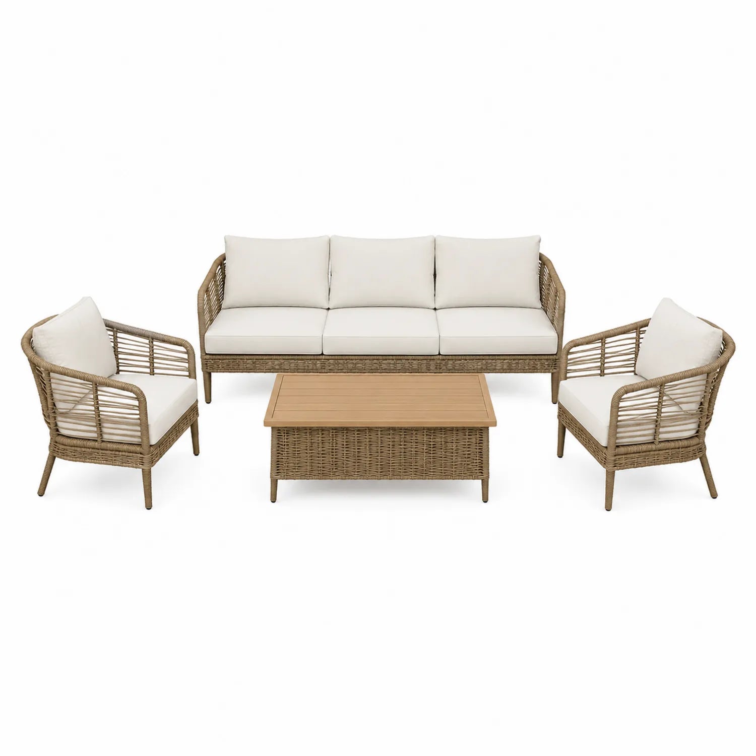 Conjunto de Muebles de Exterior de Ratán con Cojines Crema