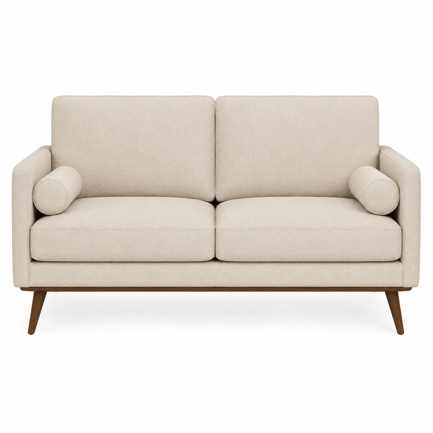 Sofá de dos plazas en tela beige con patas de madera