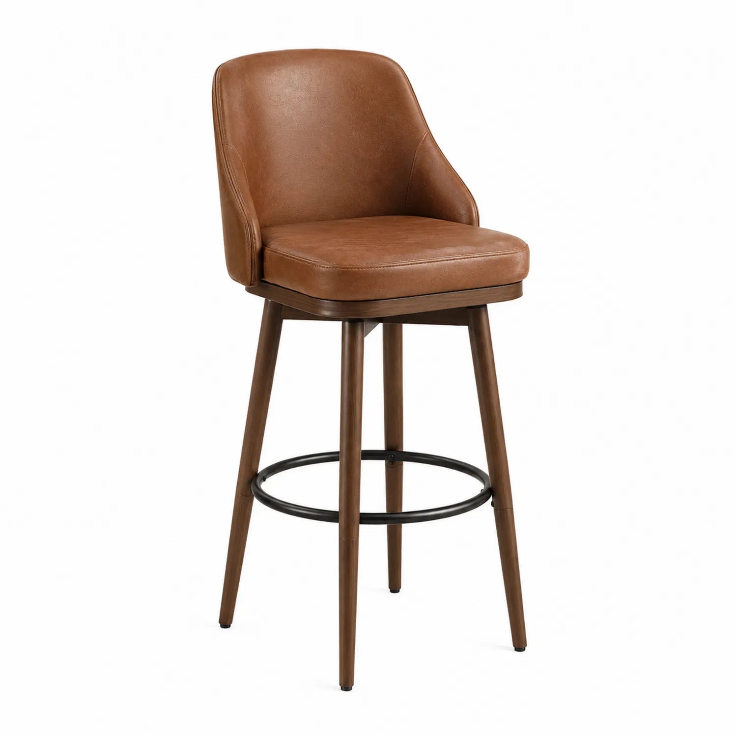 Taburete giratorio de cuero sintético con patas de madera y reposapiés metálico