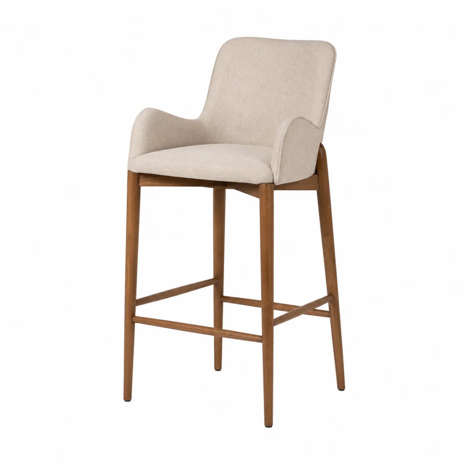 Taburete de tela beige y madera marrón altura fija