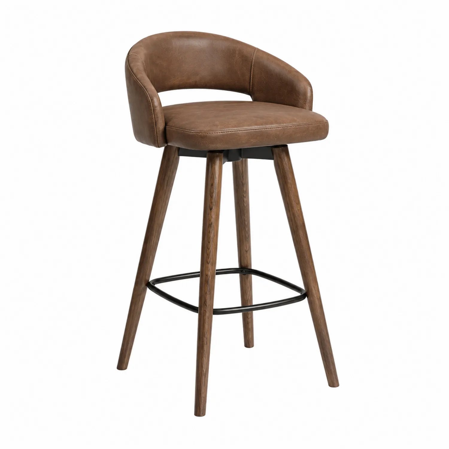 Taburete de bar en cuero sintético marrón y madera