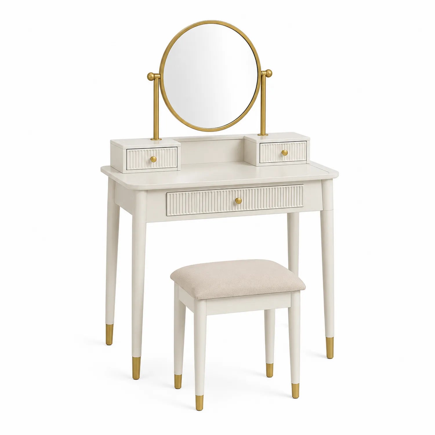 Tocador de Madera con Espejo Redondo y Taburete, Blanco y Dorado, 80x40x131 cm