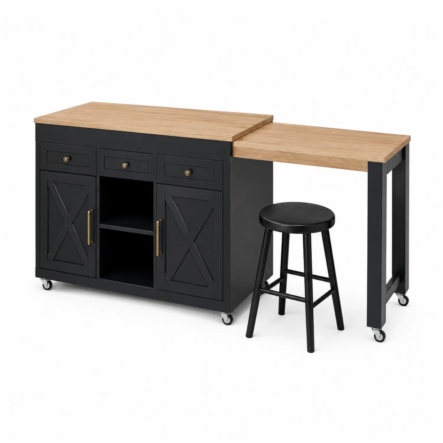 Aparador de Cocina de Madera MDF y Metal con Tablero Deslizante y Taburete Negro/Natural