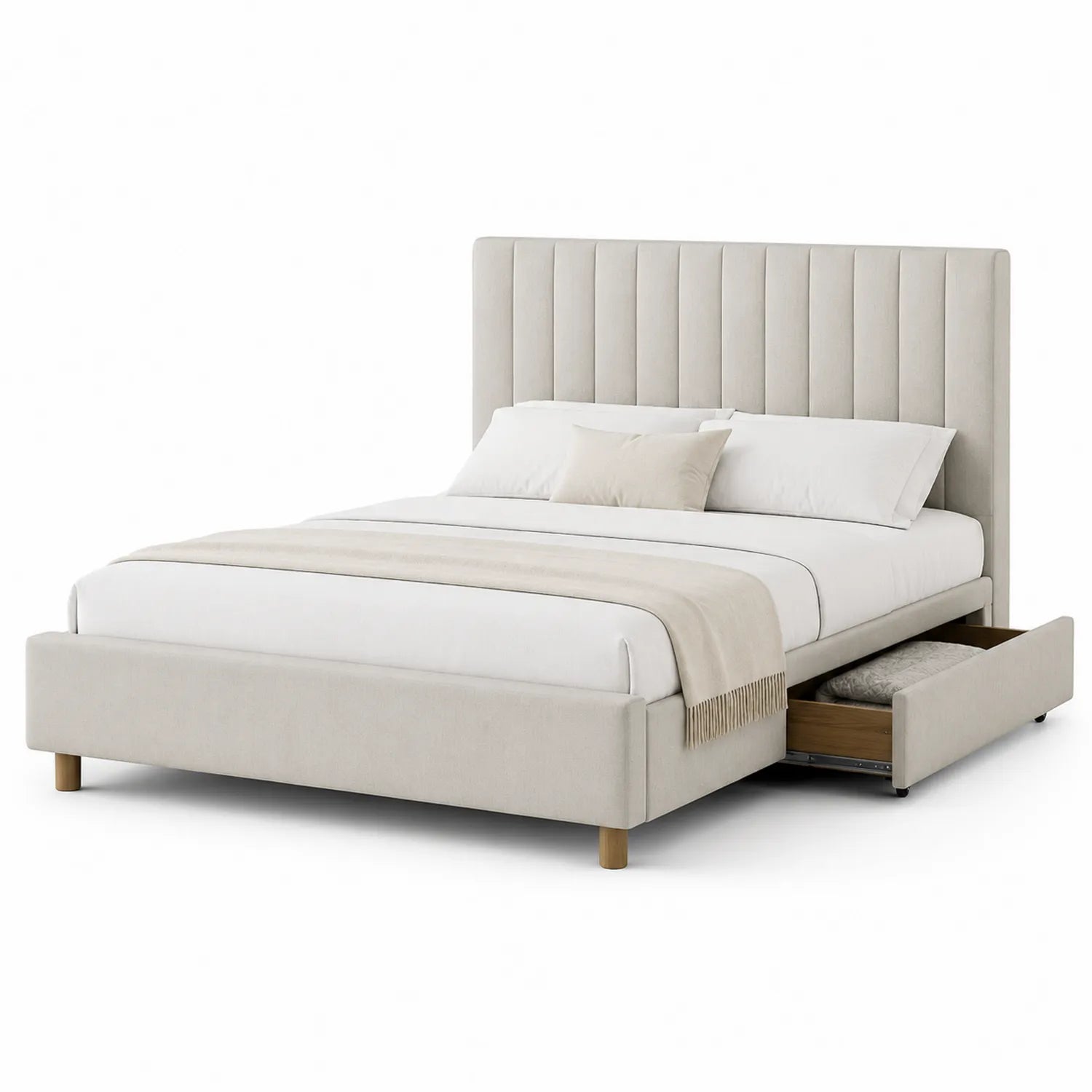 Cama tapizada en poliéster con cabecero acolchado y almacenaje beige 160x200 cm