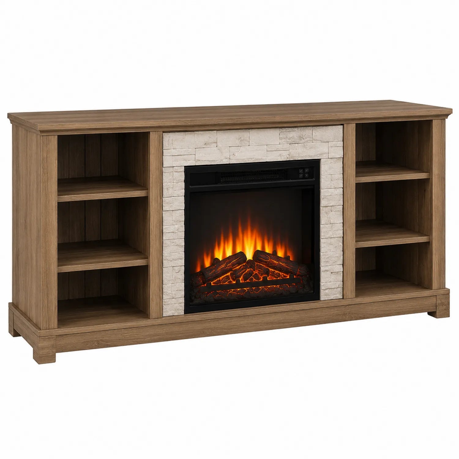 Mueble de salón con chimenea eléctrica de madera y piedra marrón 150x40x80 cm