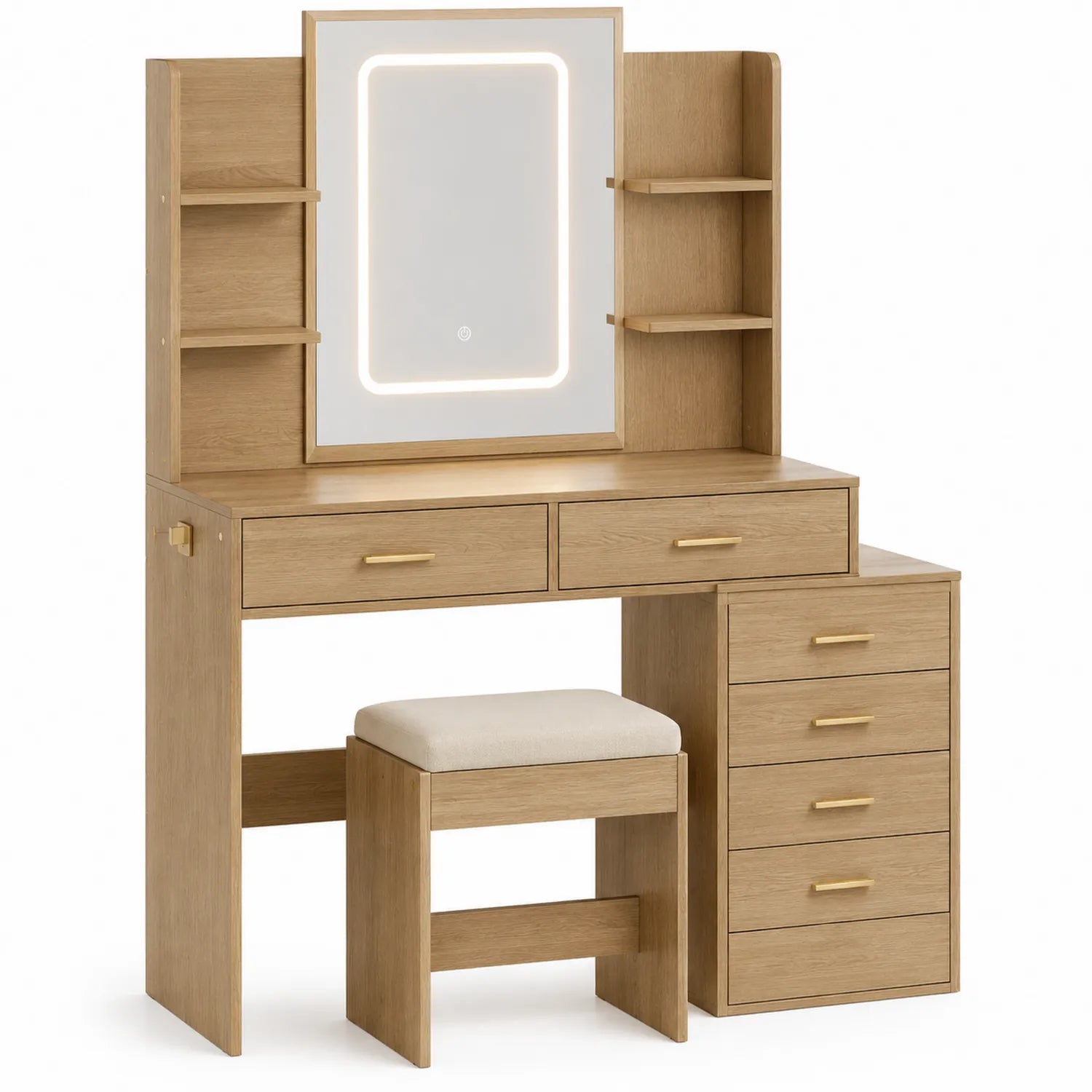 Tocador de madera de roble con espejo LED y taburete
