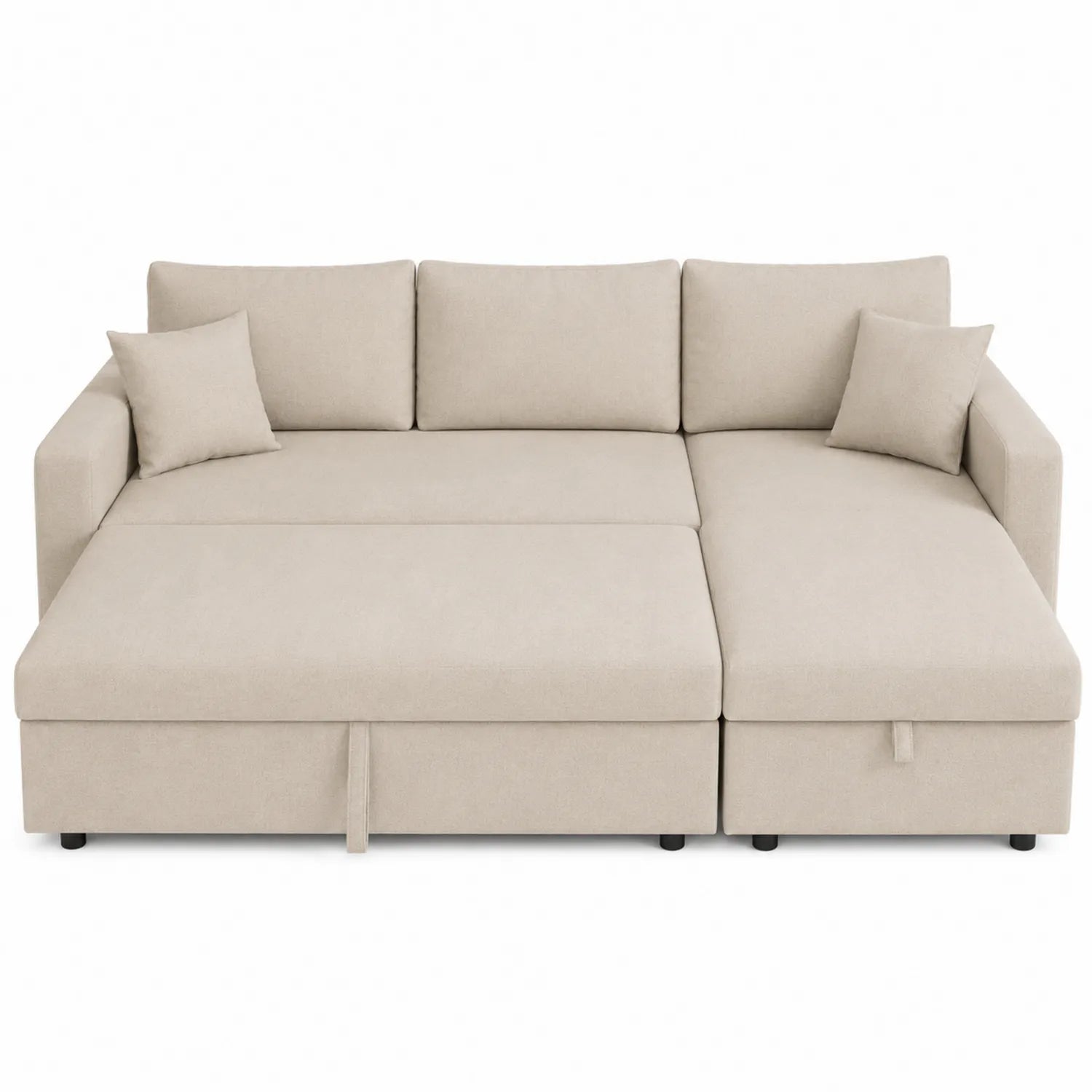 Sofá cama esquinero de madera y tela beige con almacenamiento