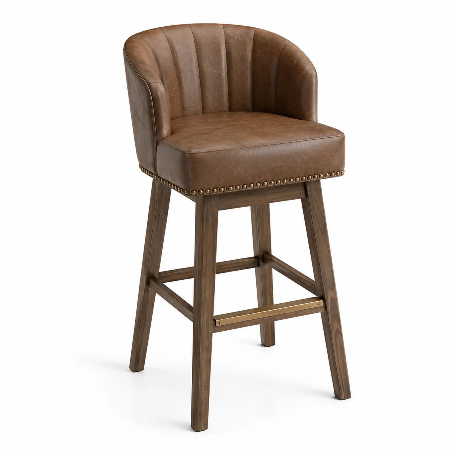 Taburete alto de madera con asiento de piel sintética marrón