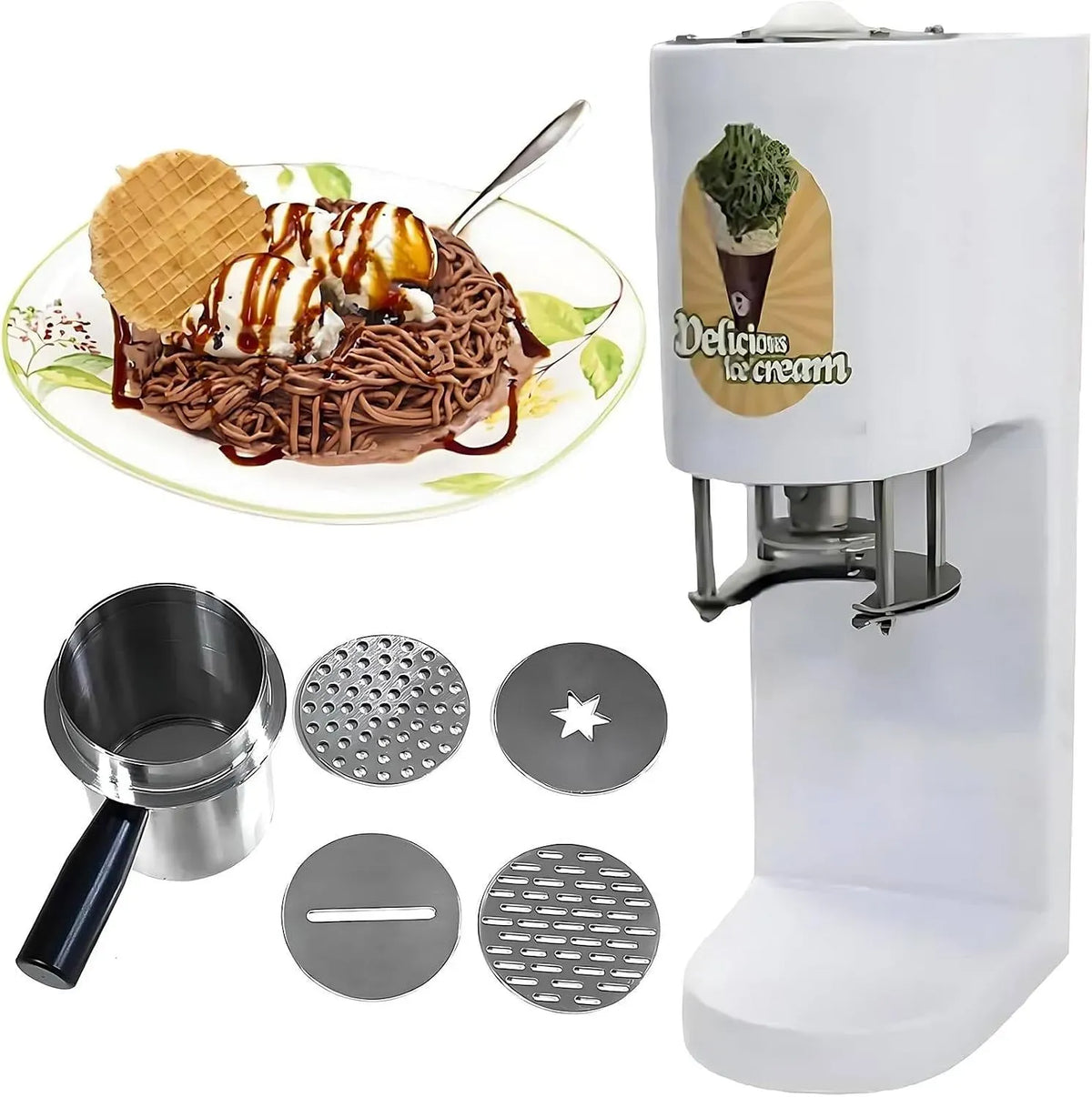 Nudelmaschine, Nudelbereiter, Gewerbliche 80-W-Eispresse, Edelstahl, Weiß, 0,42-L-Edelstahlbehälter, 4 Nudelformen White, 0,42 L