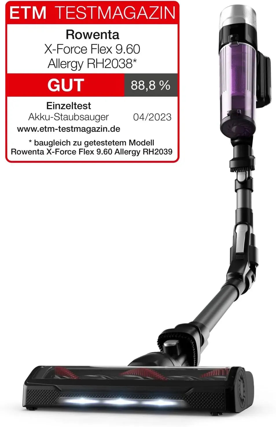 Rowenta RH2038 Staubsauger, herausnehmbar, Schwarz, X-Force Flex 9, LED-Düse, Flex-Gelenk, herausnehmbarer Akku, 100 Air Watt, bis zu 45 Min