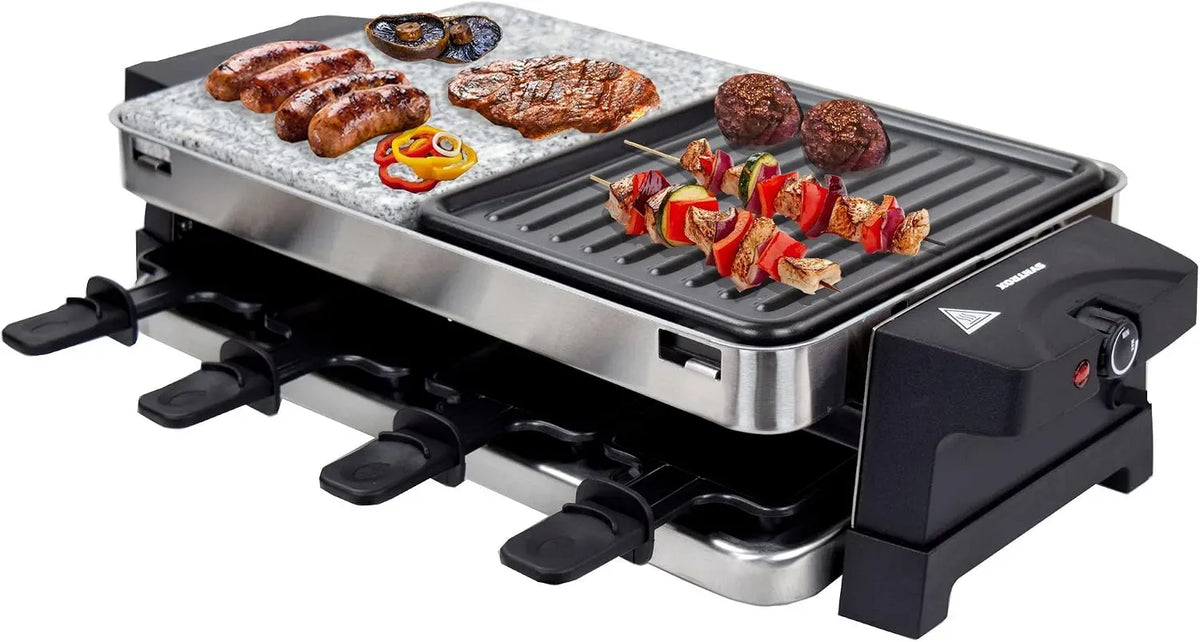 Grill, Edelstahl, für 8 Personen, Stein, Syntrox Germany Edelstahl Design Raclette Bern mit Grill und Heißer Stein für 8 Personen