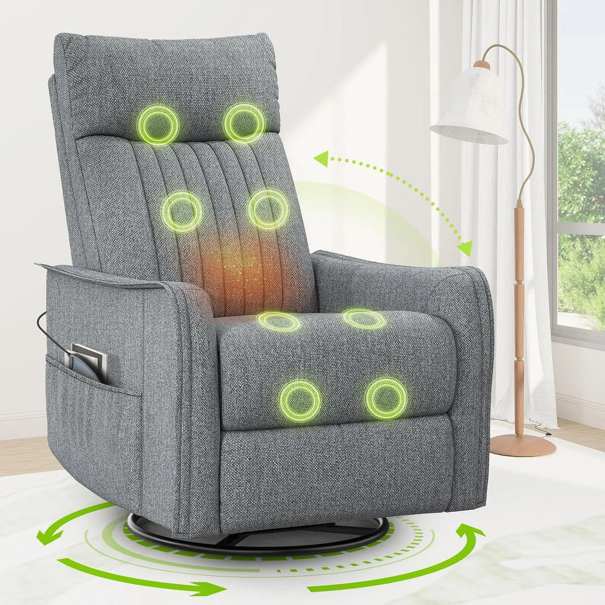 Relax- und Massagesessel, Wohnzimmergestaltung, 360°Drehbarer TV Sessel Wohnzimmer, 2 Seitentaschen