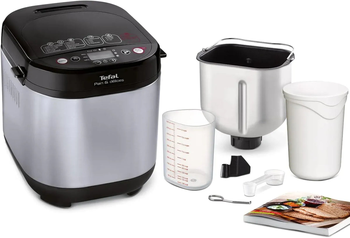Tefal PF240E Brotbackautomat, Brotbackmaschine, Pizza, Antihaftbeschichtung, Edelstahl, Schwarz, 3 Brotgrößen und Bräunungsstufen einstellbar