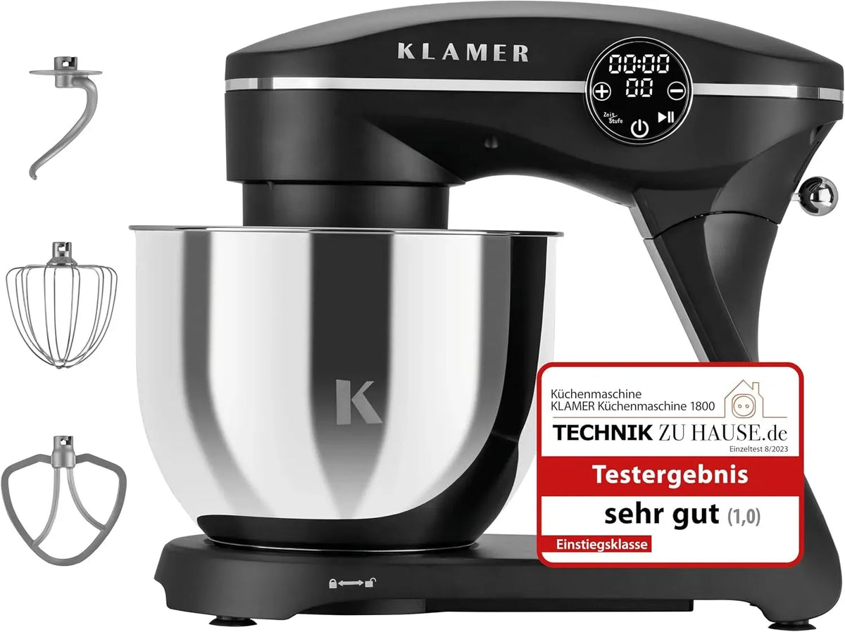 Küchenmaschine, 6 L, 1800 W, KLAMER, Edelstahl, Knetmaschine Brotteig mit 6L Edelstahlschüssel