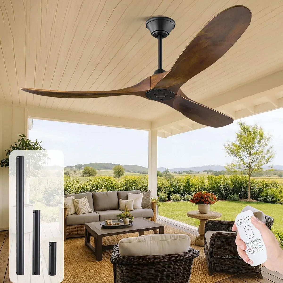 Ventilator, 152 cm, 3 Flügel aus Eichenholz, Ventilator zur Luftzirkulation, 152 cm Außen-Deckenventilator aus Holz ohne Licht mit Fernbedienung