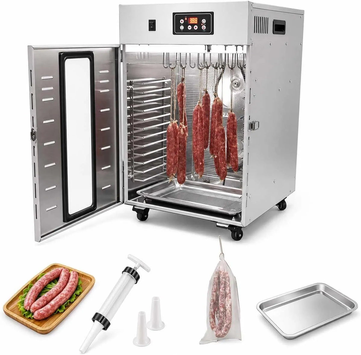 24h Trockenschrank, Reifeschrank, 30 bis 90 °C, 15 KG, Timer, Edelstahl, für Fleisch Und Wurst
