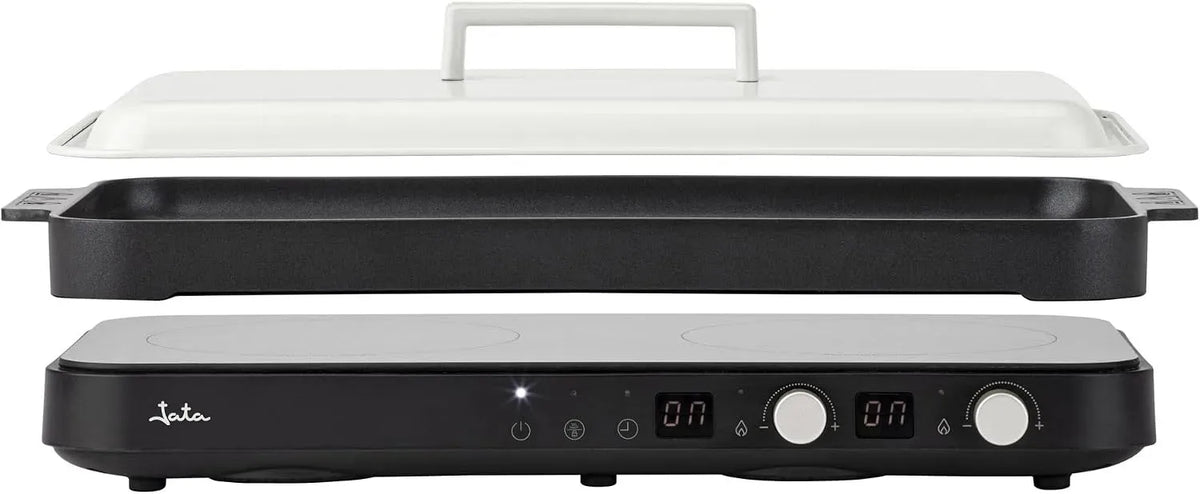 JEVI1470 mit Spritzschutzdeckel, Tragbare Induktionskochplatte mit 2 Kochplatten + Kochplatte, 2800 W, bis zu 230 °C, Timer von 99 Minuten, JATA